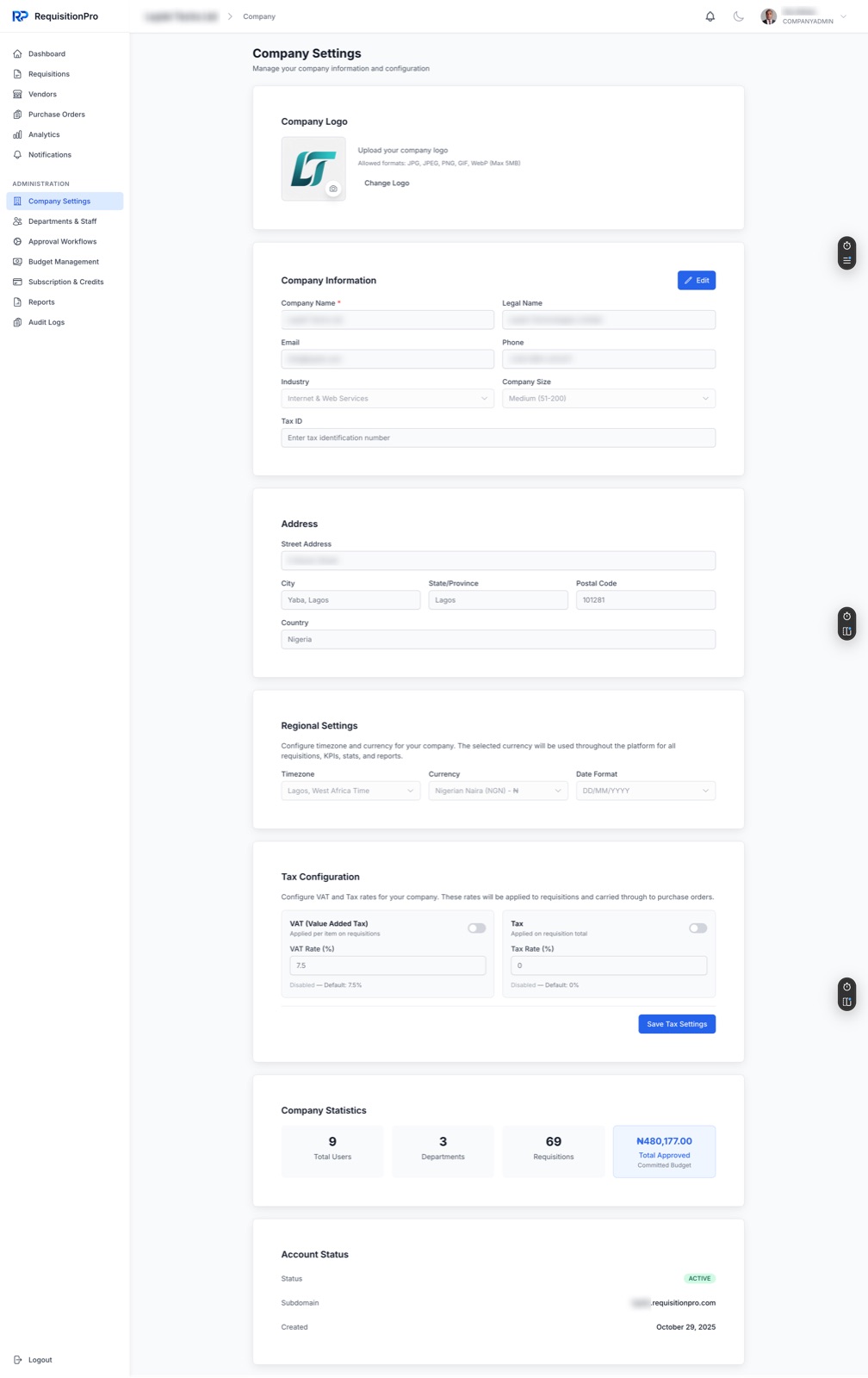 Company Settings configuration screen