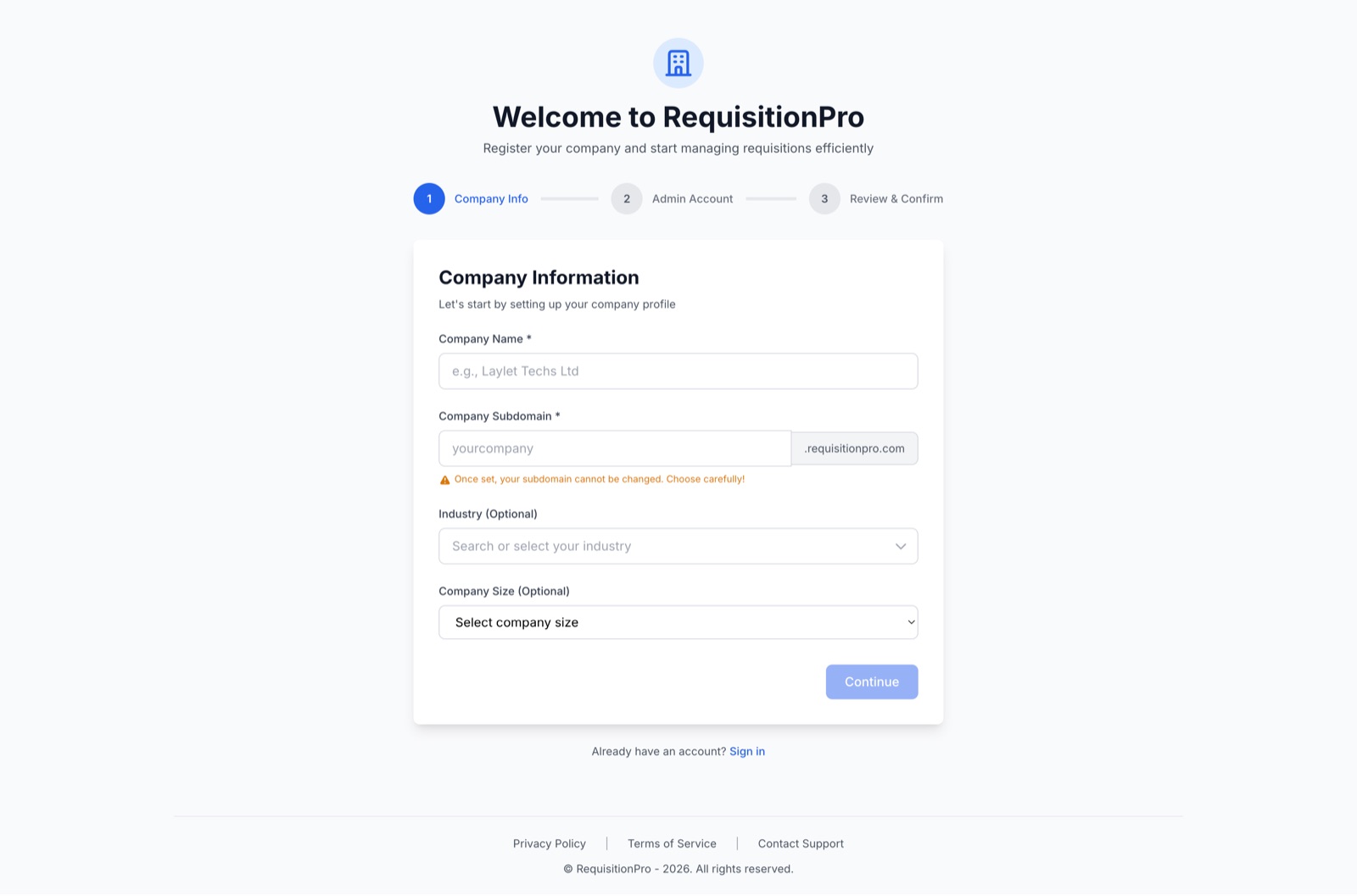 Company Information sign-up form