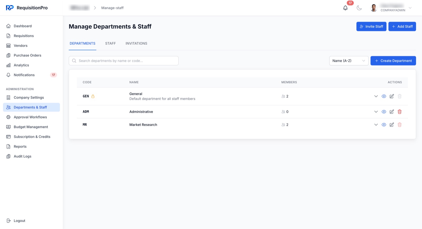 Manage Departments and Staff screen