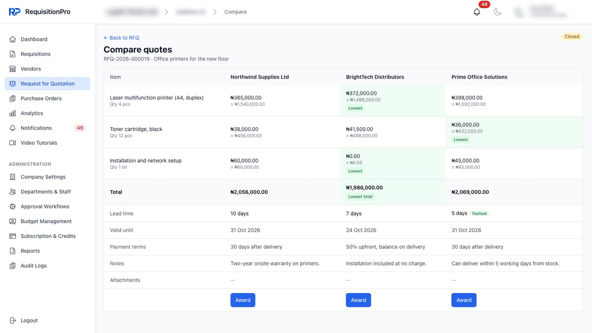 RequisitionPro Compare quotes screen for an RFQ for office printers, with three vendors side by side, the lowest price per line, the lowest total and the fastest lead time labelled, and rows for lead time, valid-until date, payment terms, notes and attachments, with an Award button per vendor