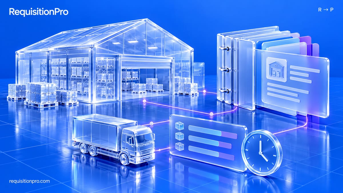 Glass-style illustration of a warehouse with stacked pallets, a delivery truck and a binder of supplier record cards, joined by glowing lines to a list panel and a clock.