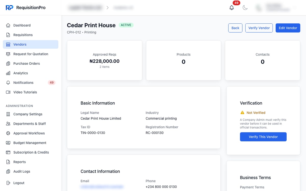 RequisitionPro vendor detail page for Cedar Print House (CPH-012, Printing), status Active, with Back, Verify Vendor and Edit Vendor buttons; cards for Approved Reqs (₦228,000.00), Products (0) and Contacts (0); a Basic Information panel with legal name, industry, tax ID and registration number; a Verification panel marked Not Verified; a Contact Information panel; and the top of a Business Terms panel showing Payment Terms
