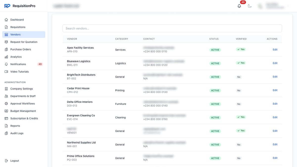 RequisitionPro Vendors list with a search box and columns for vendor, category, contact, status, verified and actions: nine vendors with codes and categories such as Services, Logistics, Printing and Cleaning, all marked Active, some marked Verified Yes and others No, each with an Edit link