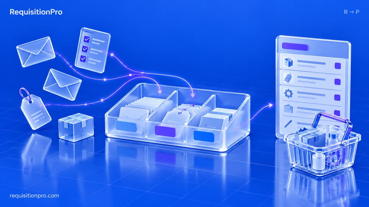 Glass-style illustration of envelopes, a checklist, a price tag and a parcel flowing along glowing lines into a three-part sorting tray, then into one ordered list beside a shopping basket.