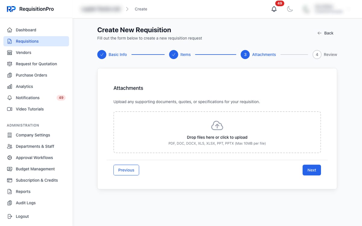 RequisitionPro Create New Requisition form on the Attachments step, with an upload area for supporting documents, quotes or specifications accepting PDF, Word, Excel and PowerPoint files up to 10MB per file