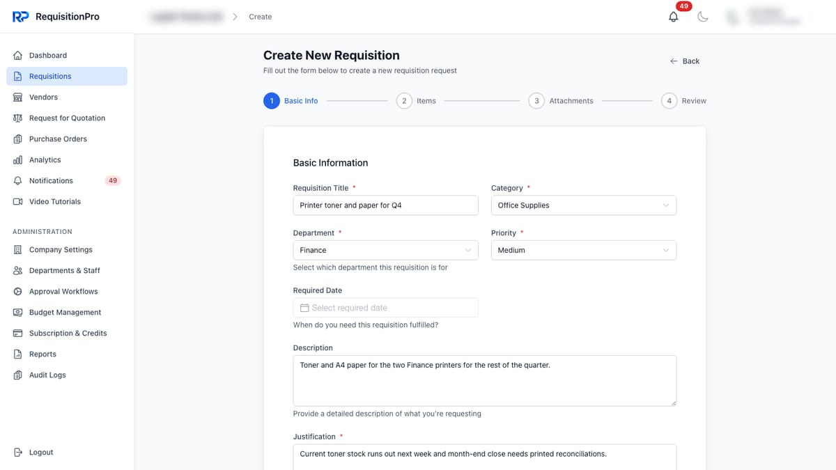 RequisitionPro Create New Requisition form on the Basic Info step, with a four-step progress bar (Basic Info, Items, Attachments, Review) and fields for requisition title, category, department, priority, required date, description and justification