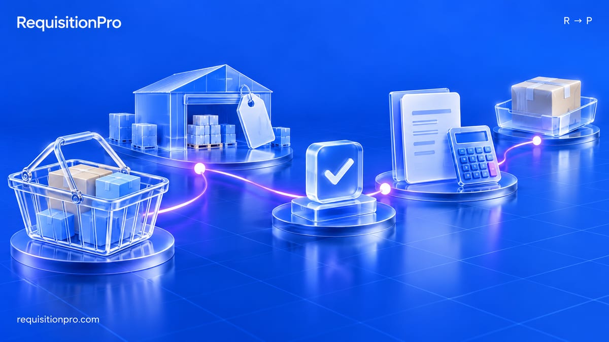 Glass-style illustration of a glowing path linking a shopping basket, a warehouse with a price tag, an approval checkmark, documents with a calculator, and a tray holding a delivered box.
