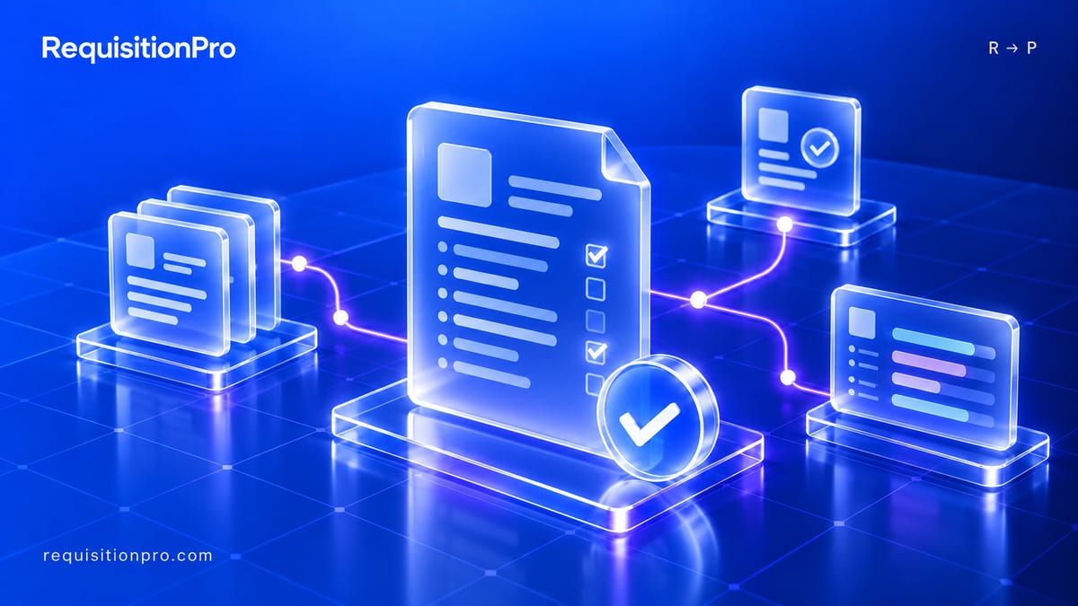 Illustration of a glass checklist document with a check mark, connected by glowing lines to three smaller documents, representing a request moving through approvers