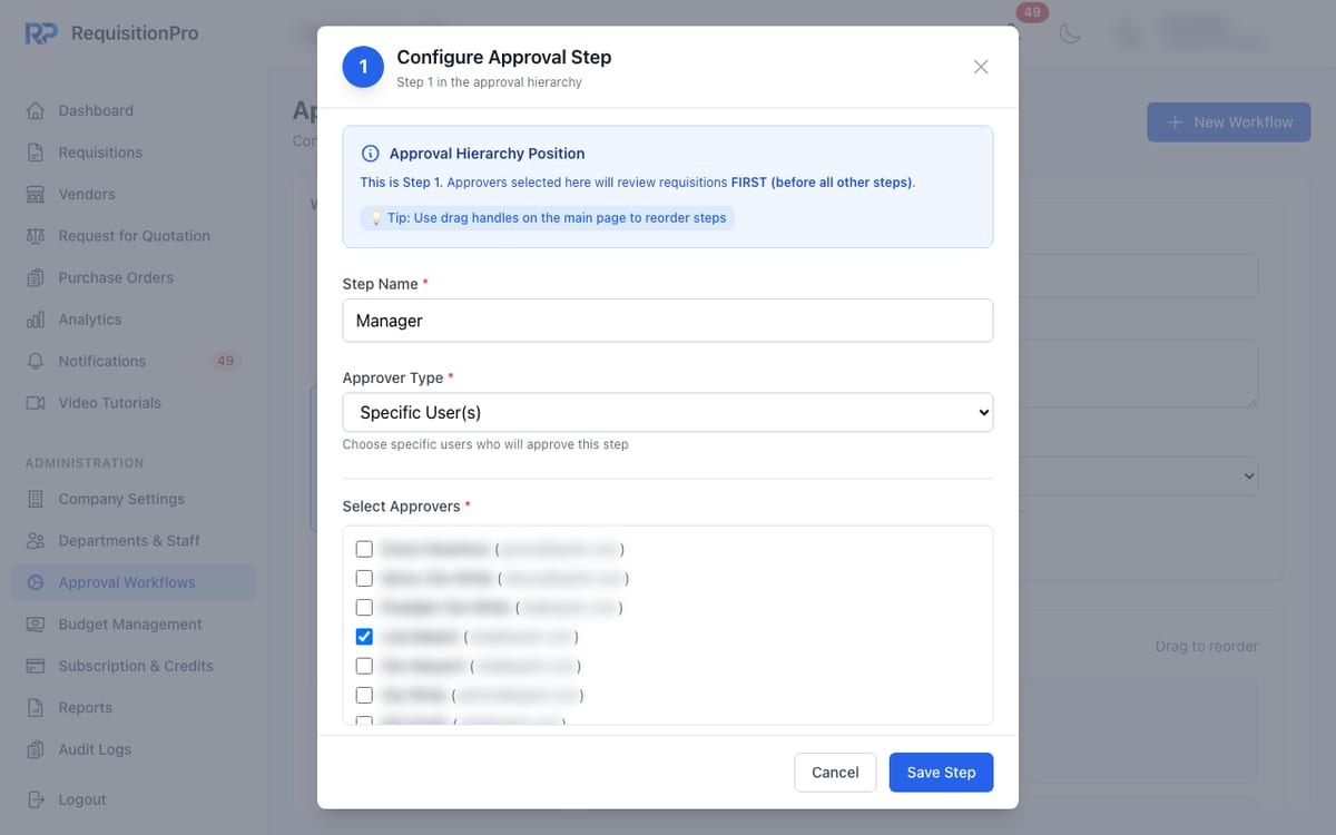 RequisitionPro Configure Approval Step dialog for step 1, named Manager, with Approver Type set to Specific User(s), a note that this step reviews requisitions first, and a list of staff to tick as approvers with one selected