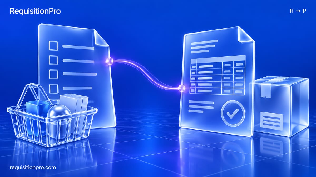Glass-style illustration of a checklist document with a shopping basket, linked by a glowing line to a second document with a table and a checkmark, beside a packed box.