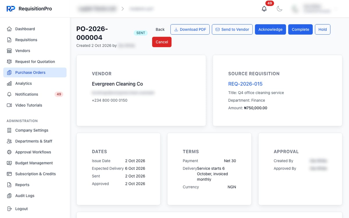 RequisitionPro purchase order PO-2026-000004 with status Sent, showing the vendor, a link to source requisition REQ-2026-015 for ₦750,000, dates, payment terms of Net 30, and Send to Vendor, Acknowledge, Complete and Hold actions