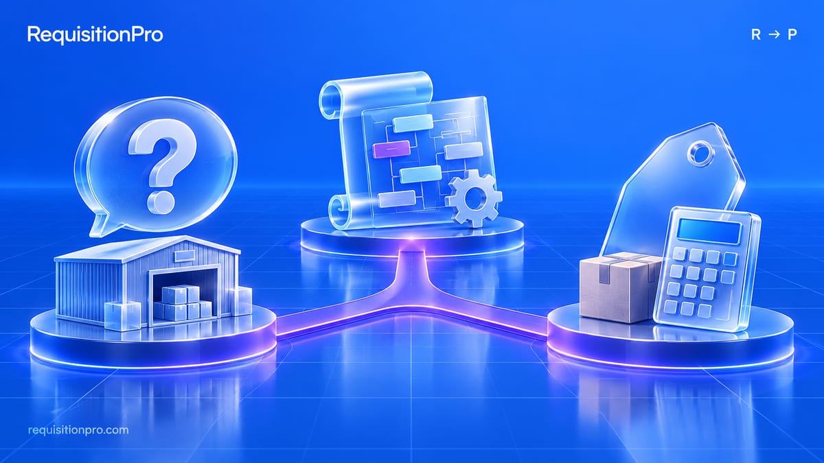 Glass-style illustration of three linked platforms: a warehouse under a question-mark speech bubble, a scroll with a flow diagram and a gear, and a price tag with a box and a calculator.