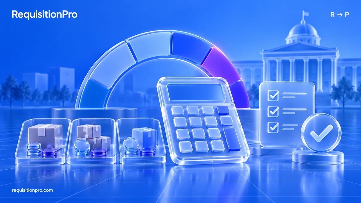 Glass-style illustration of three trays of boxes and coins, a calculator, a checklist and a checkmark badge in front of a segmented budget gauge, with a columned public building behind.