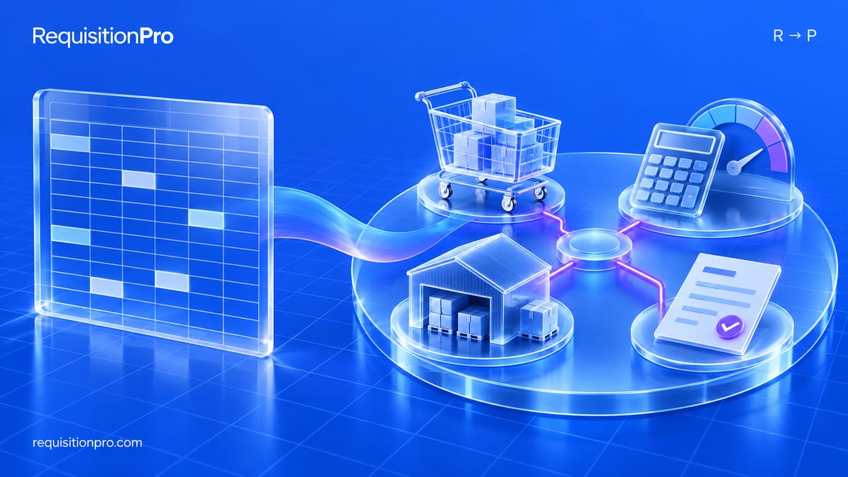 Glass-style illustration of a spreadsheet grid feeding a ribbon into a round platform that links a shopping trolley, a calculator with a gauge, a warehouse and a checked document.