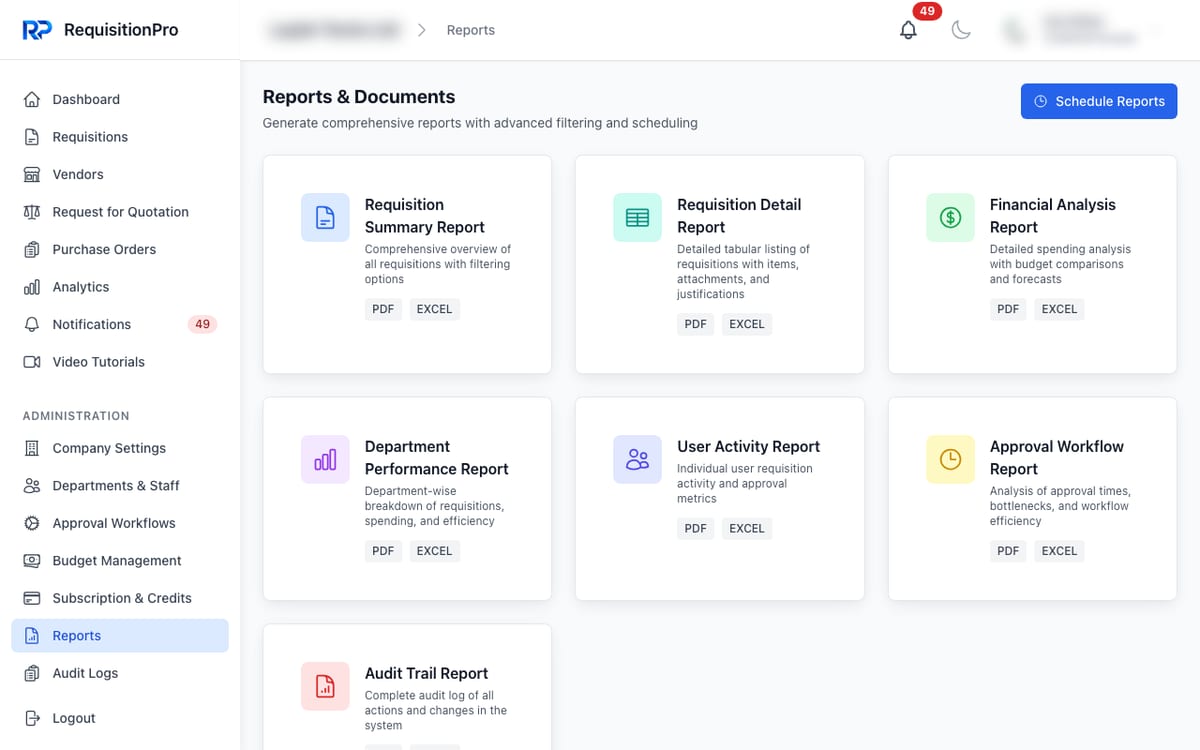 RequisitionPro Reports and Documents page listing Requisition Summary, Requisition Detail, Financial Analysis, Department Performance, User Activity, Approval Workflow and Audit Trail reports, with PDF and Excel options on the cards, and a Schedule Reports button