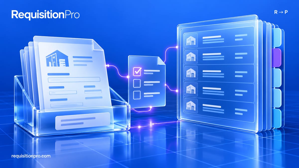 Glass-style illustration of vendor forms in a filing tray, linked by glowing lines through a checklist with one item ticked to a tabbed binder listing vendor records.