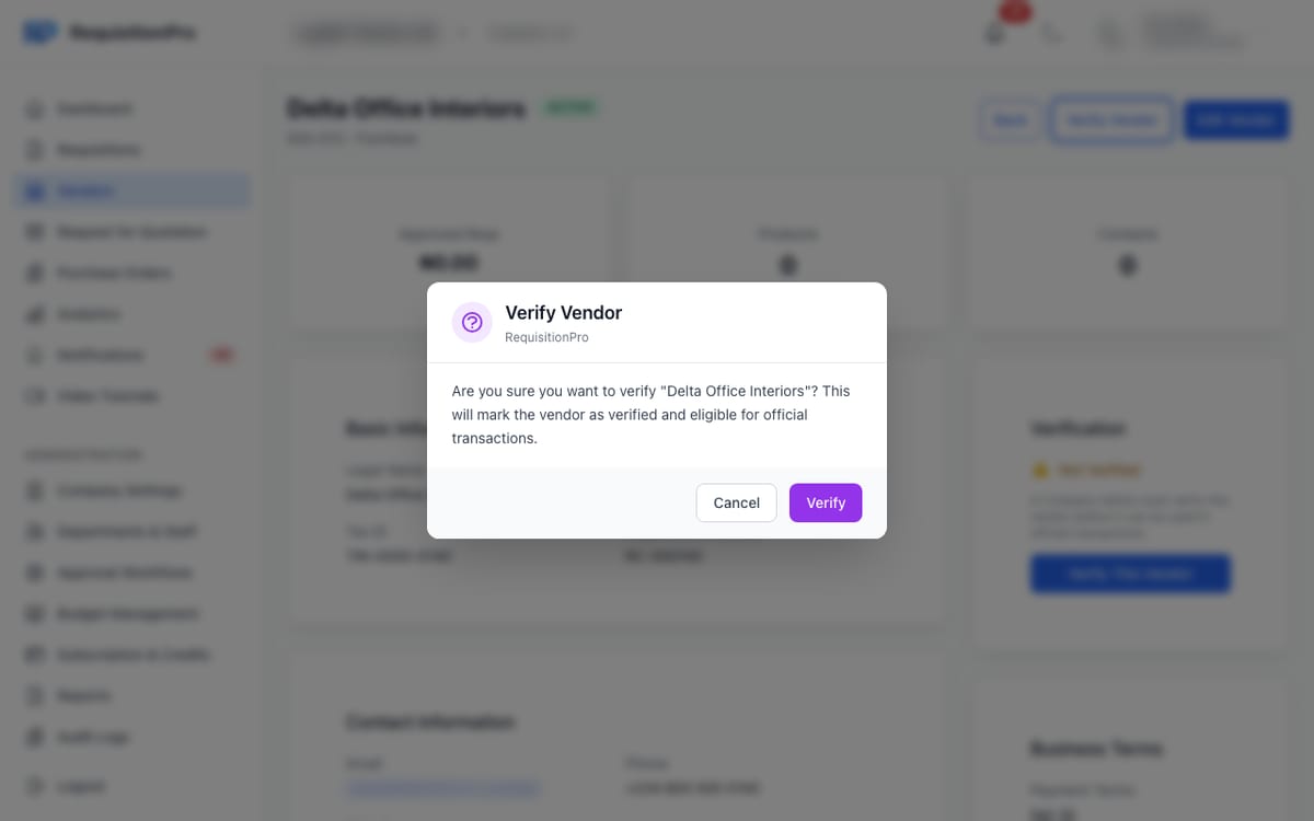 RequisitionPro Verify Vendor confirmation dialog asking whether to verify the vendor Delta Office Interiors, saying this will mark the vendor as verified and eligible for official transactions, with Cancel and Verify buttons, shown over a blurred vendor detail page