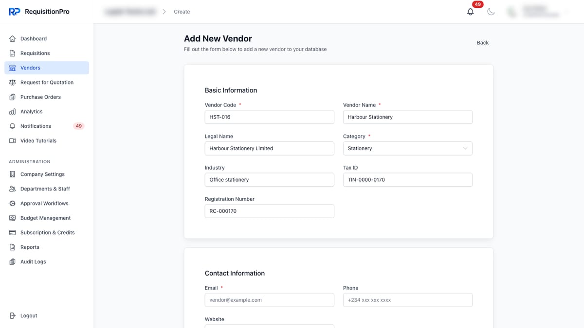 RequisitionPro Add New Vendor form. The Basic Information section shows Vendor Code, Vendor Name, Legal Name, Category, Industry, Tax ID and Registration Number filled in for an example stationery supplier, with Vendor Code, Vendor Name and Category marked required; below it the Contact Information section starts with a required Email field, Phone and Website