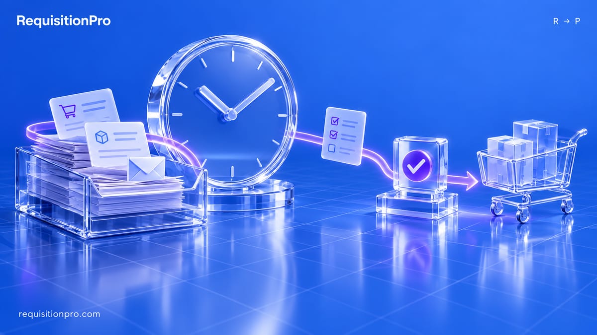 Glass-style illustration of an in-tray of requests feeding a large clock, then a checklist, an approval checkmark and finally a shopping trolley of boxes, linked by one glowing path.