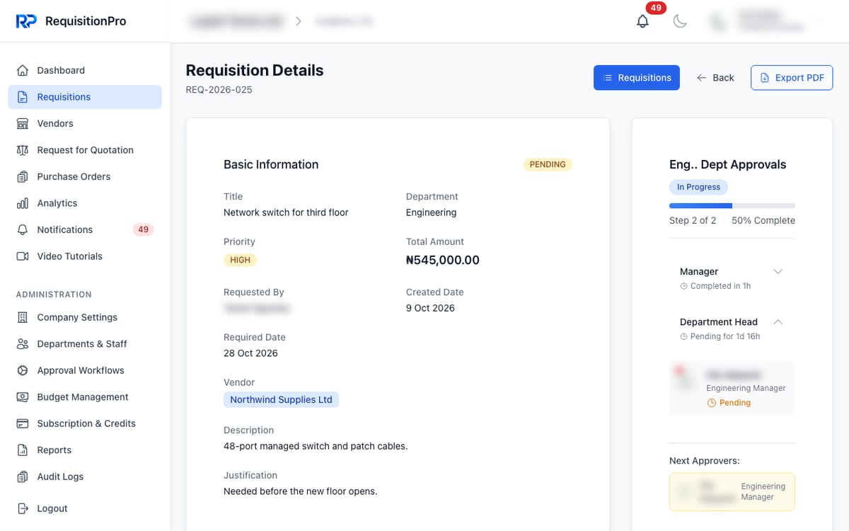 RequisitionPro requisition details for a pending ₦545,000 network switch request, with the engineering department's approval trail (Eng.. Dept Approvals) at step 2 of 2: Manager completed in 1h, Department Head pending for 1d 16h, and the next approver highlighted.