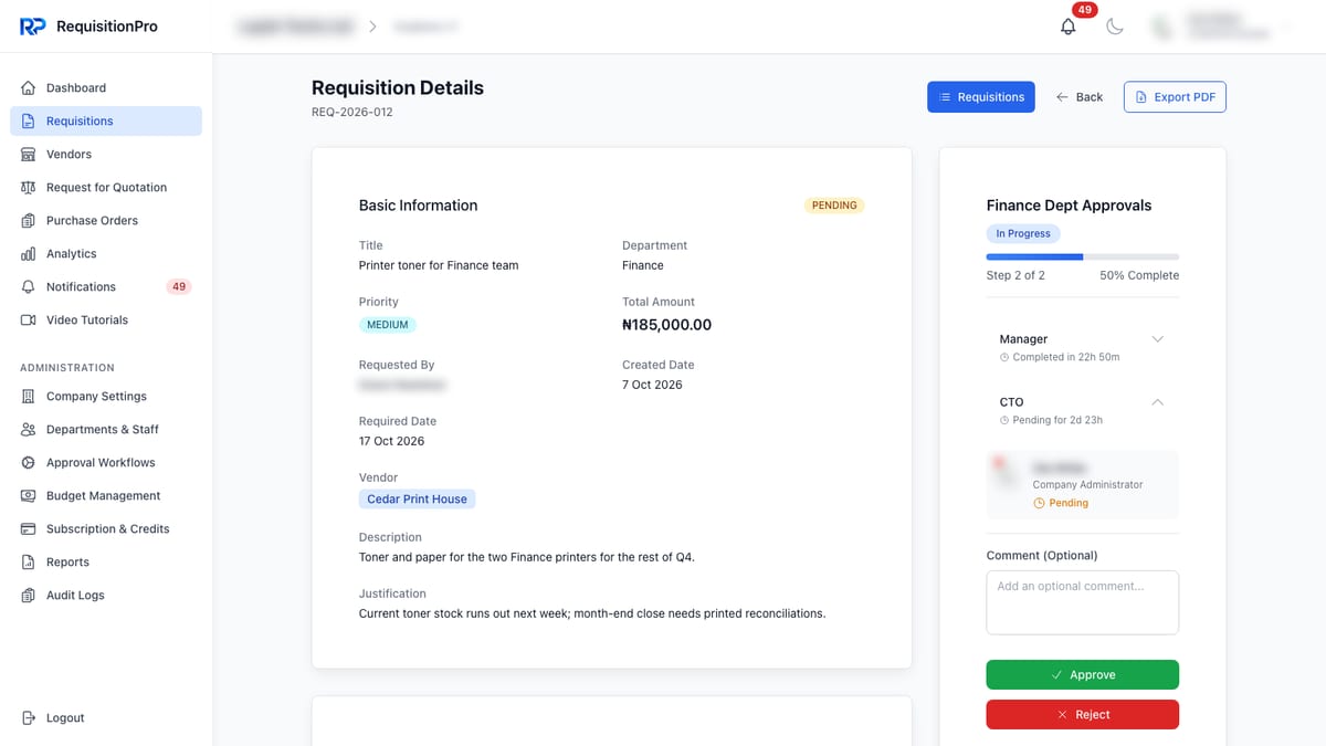 RequisitionPro requisition details for a pending ₦185,000 printer toner request, with a two-step Finance Dept approval panel showing the Manager step completed in 22h 50m, the CTO step pending for 2d 23h, an optional comment box, and Approve and Reject buttons