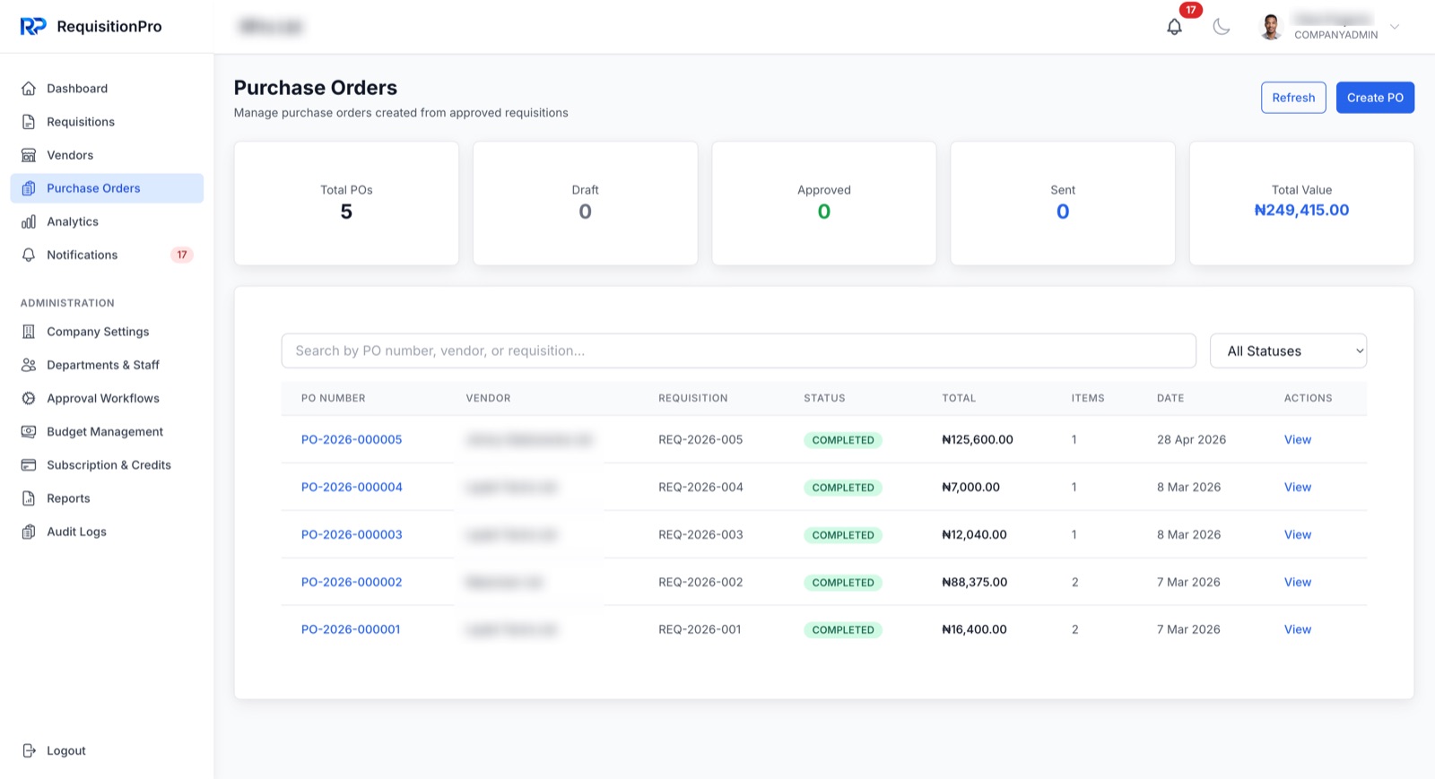 Purchase orders screen