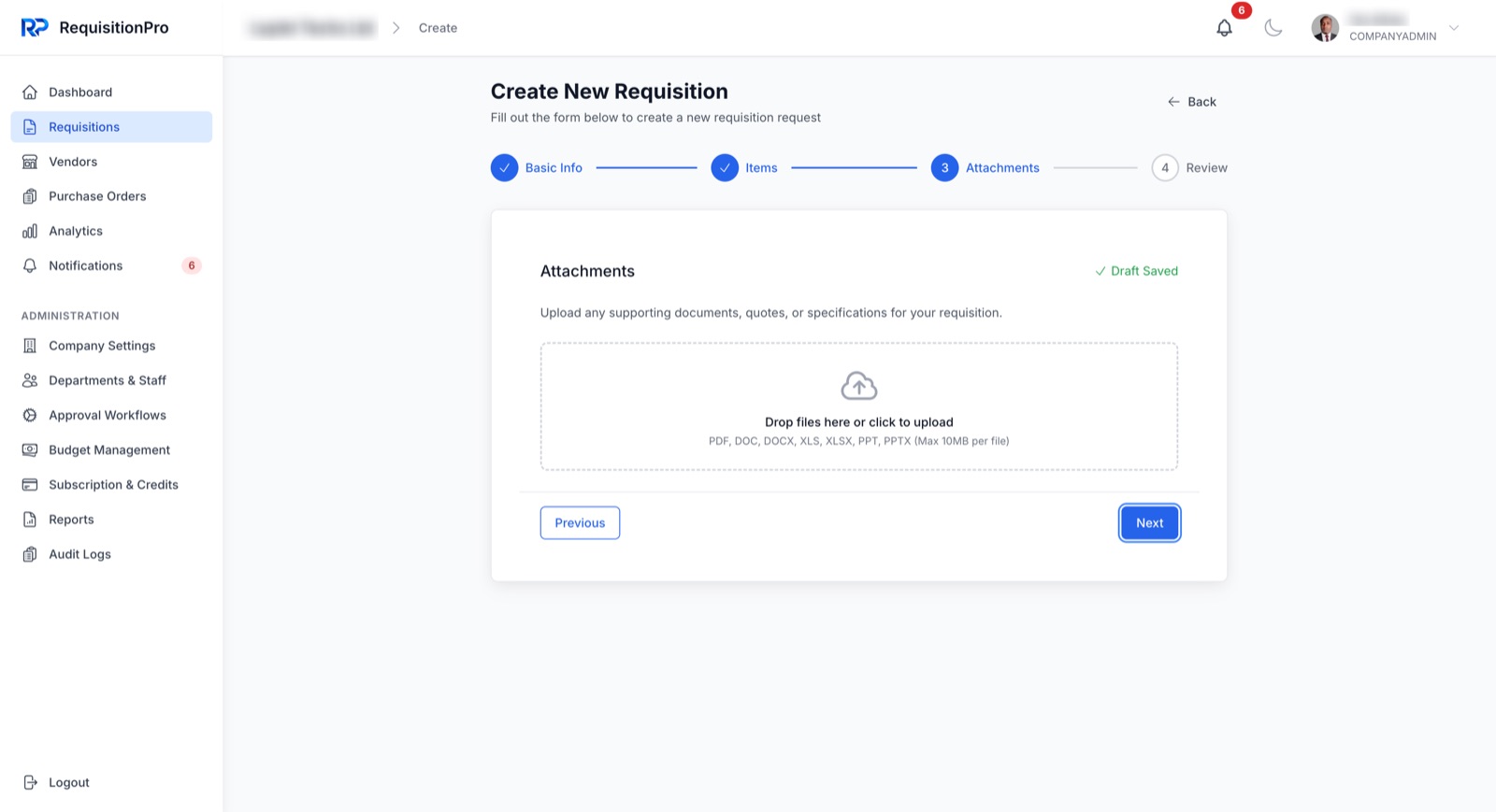 Create requisition - attachments