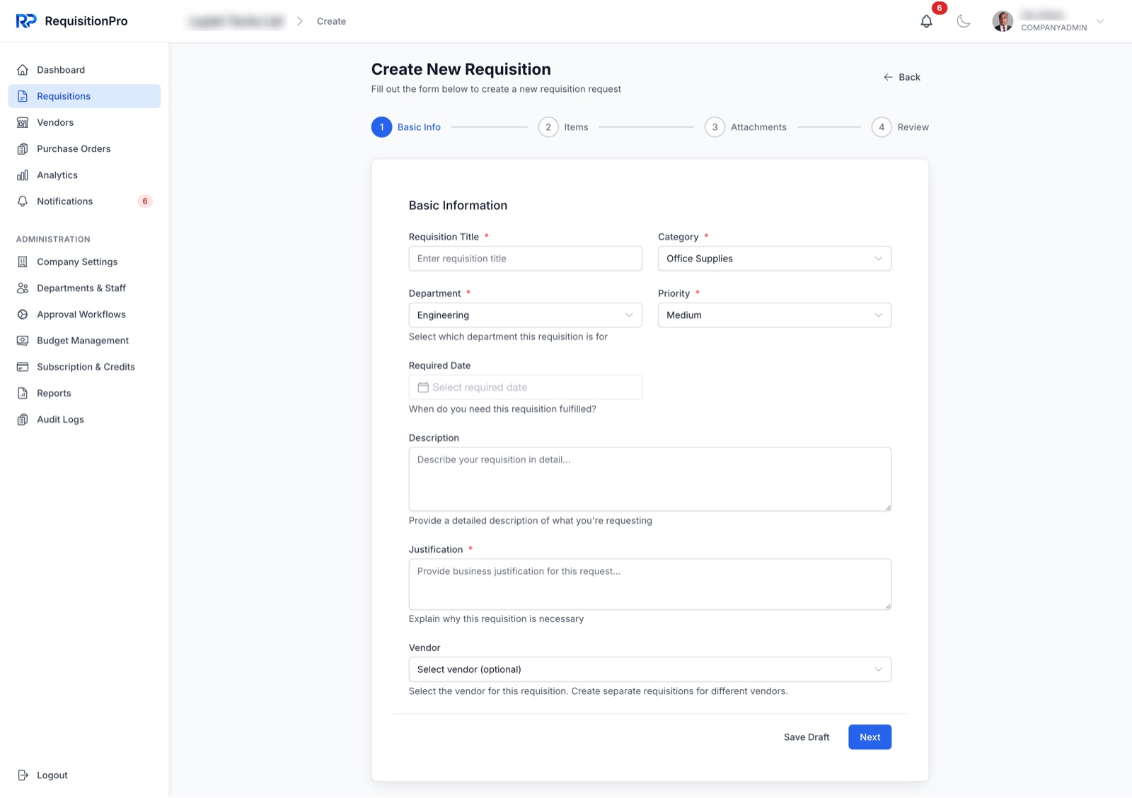 Create requisition - basic info