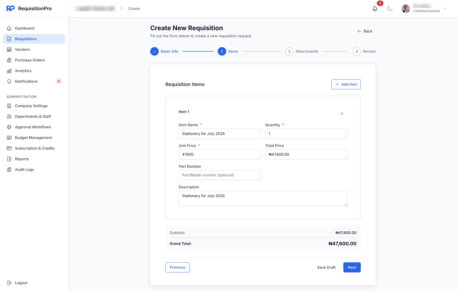 Create requisition - items