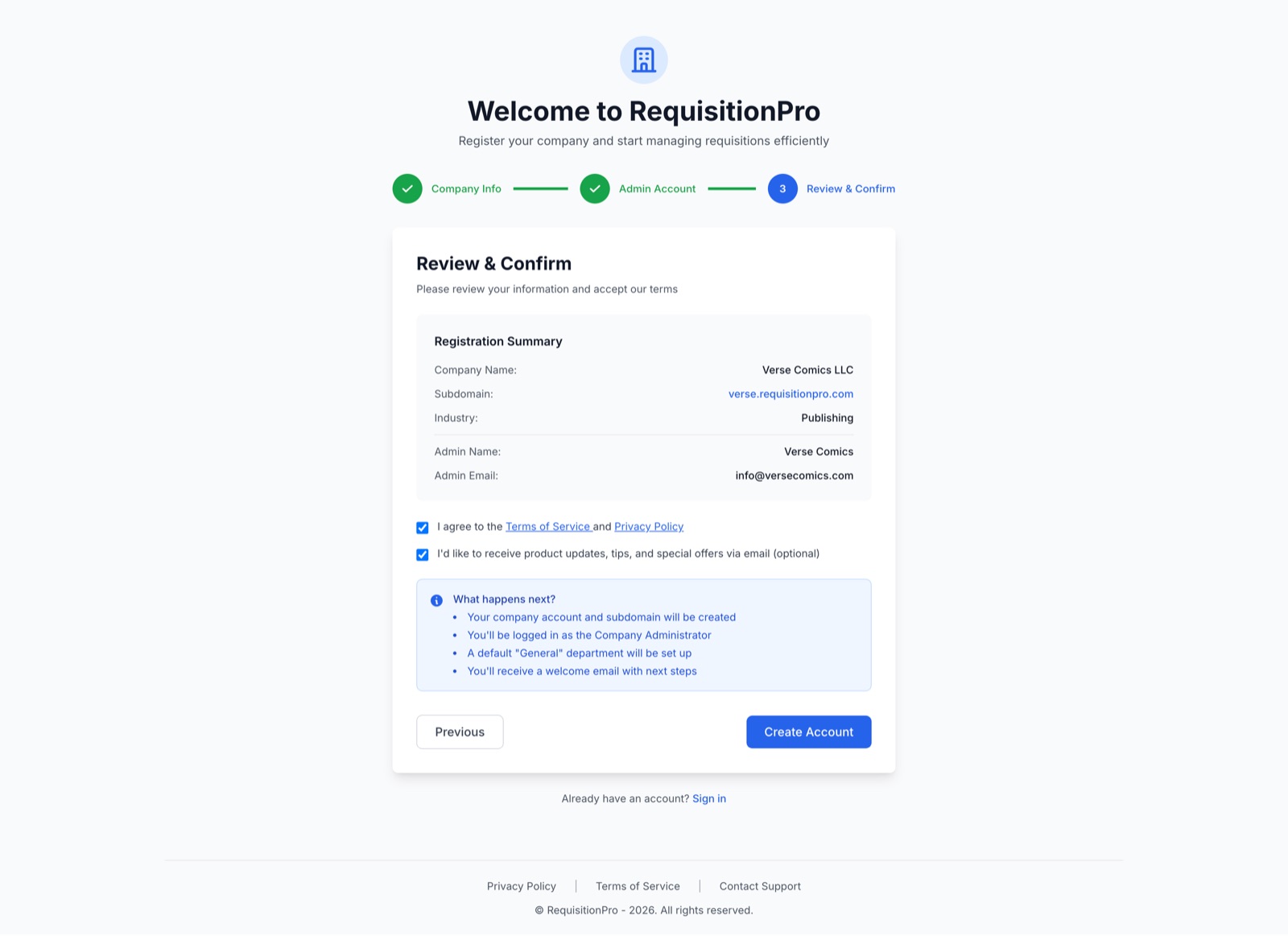 Review and Confirm sign-up step