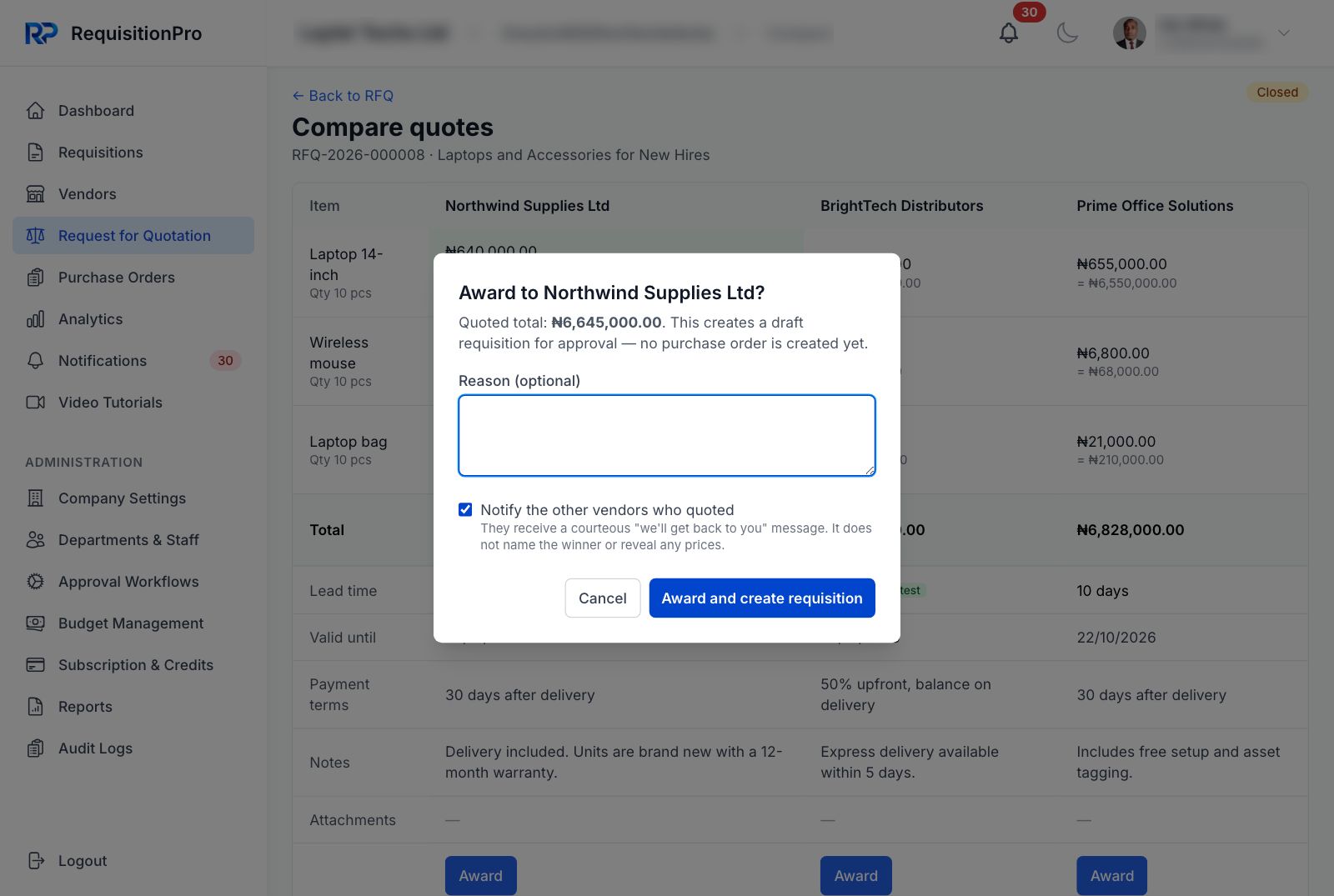 Award dialog - reason and optional notice to the other vendors