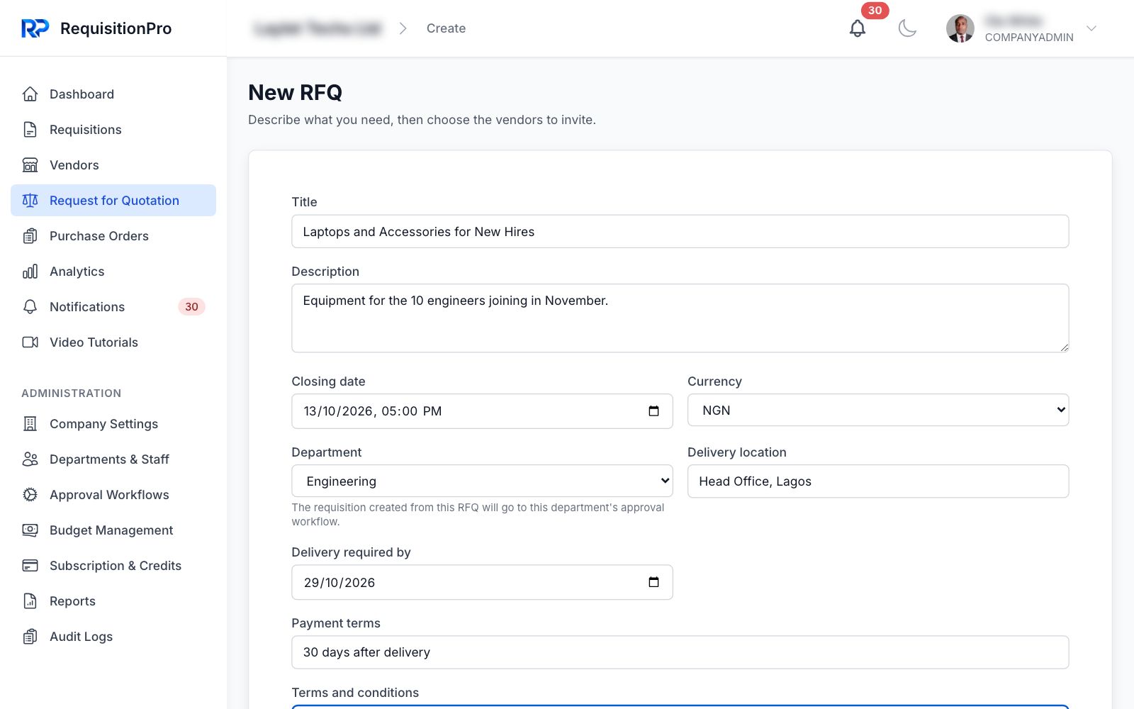 New RFQ form - title, closing date, delivery and terms