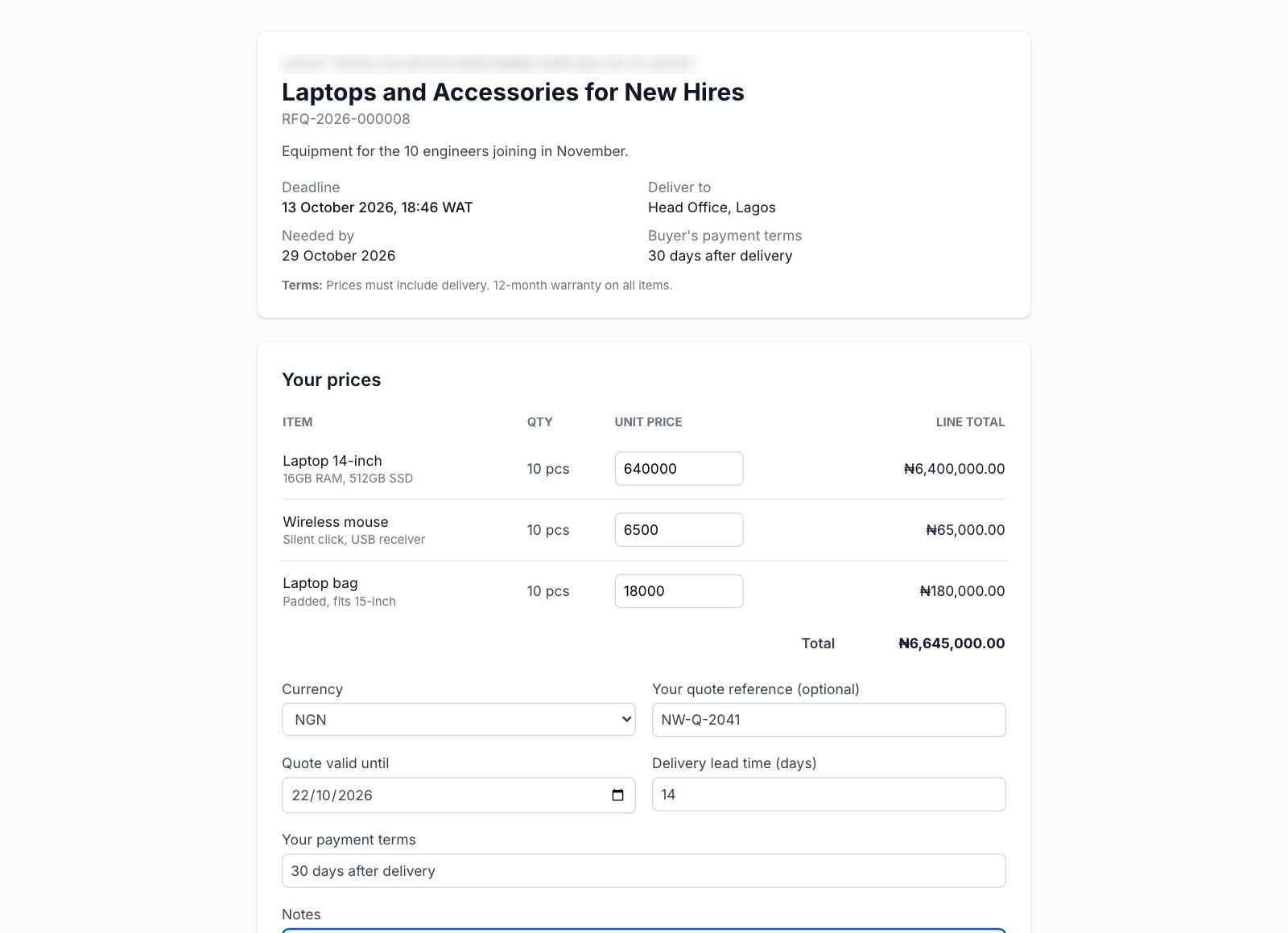 The vendor quote page - no login required
