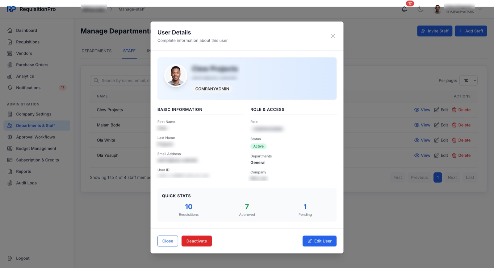 User details modal