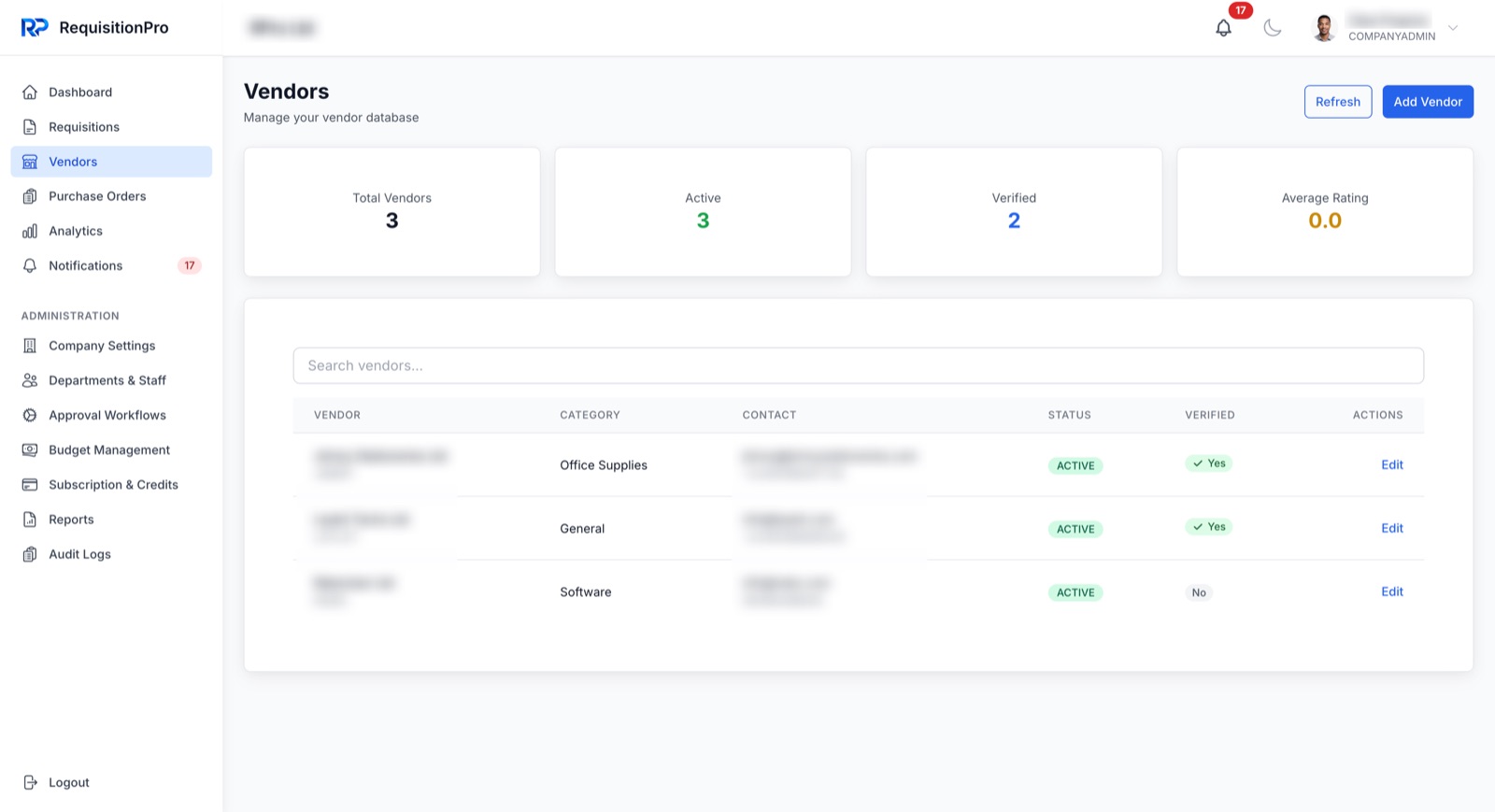 Vendors management screen